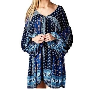 Velzera women Boho Patchwork Baby Doll Dress Blue Sz. S rayon